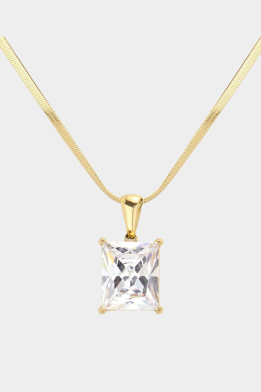 18K Gold Dipped Stainless Steel CZ Rectangle Pendant Necklace