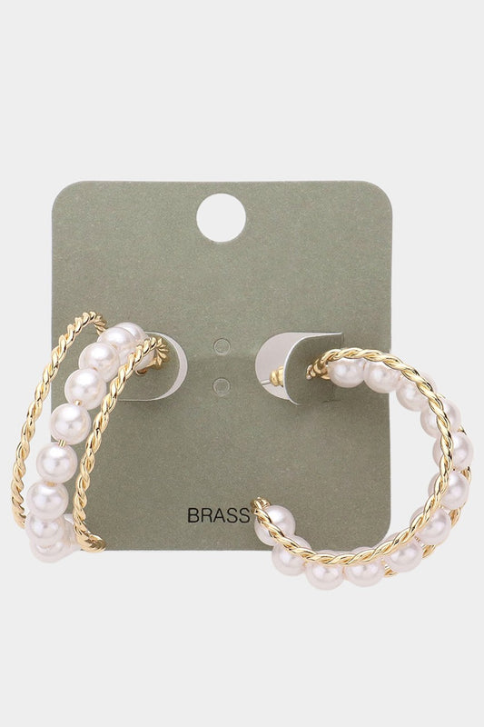 Pearl Detailed Brass Metal Split Hoop Earrings