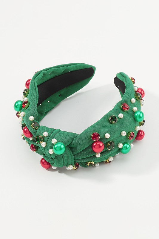 Christmas Rhinestone Pearl Top Knot Headband
