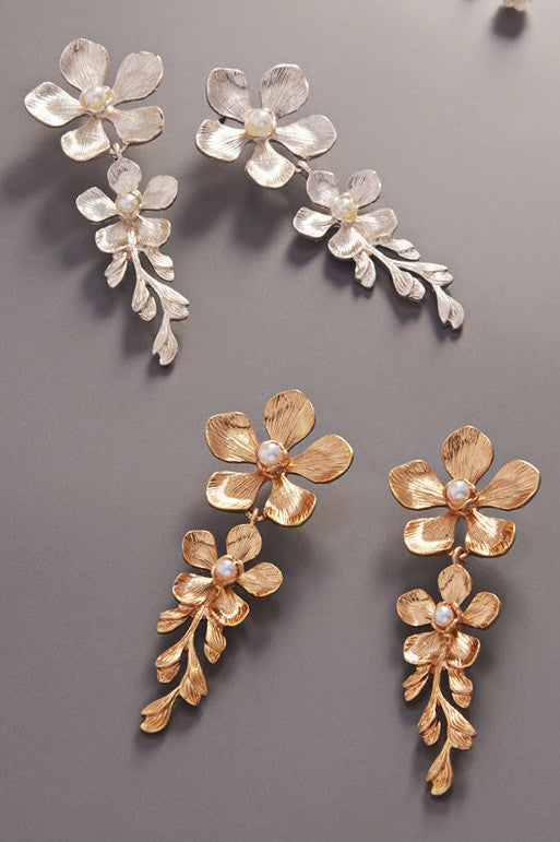 Pearl Accented Metal Flower Leaf Earrings