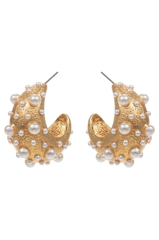 Pearl Embellished Metal Hoop Earrings