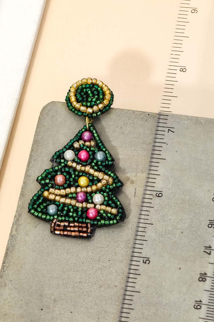 Beaded Green Christmas Tree Drop Earrings