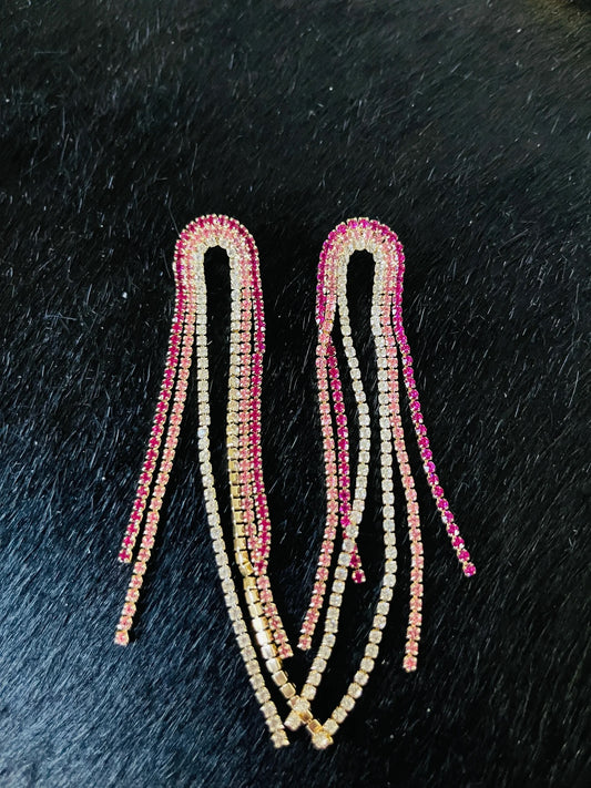 Rhinestone Waterfall Tassel Pink Earrings