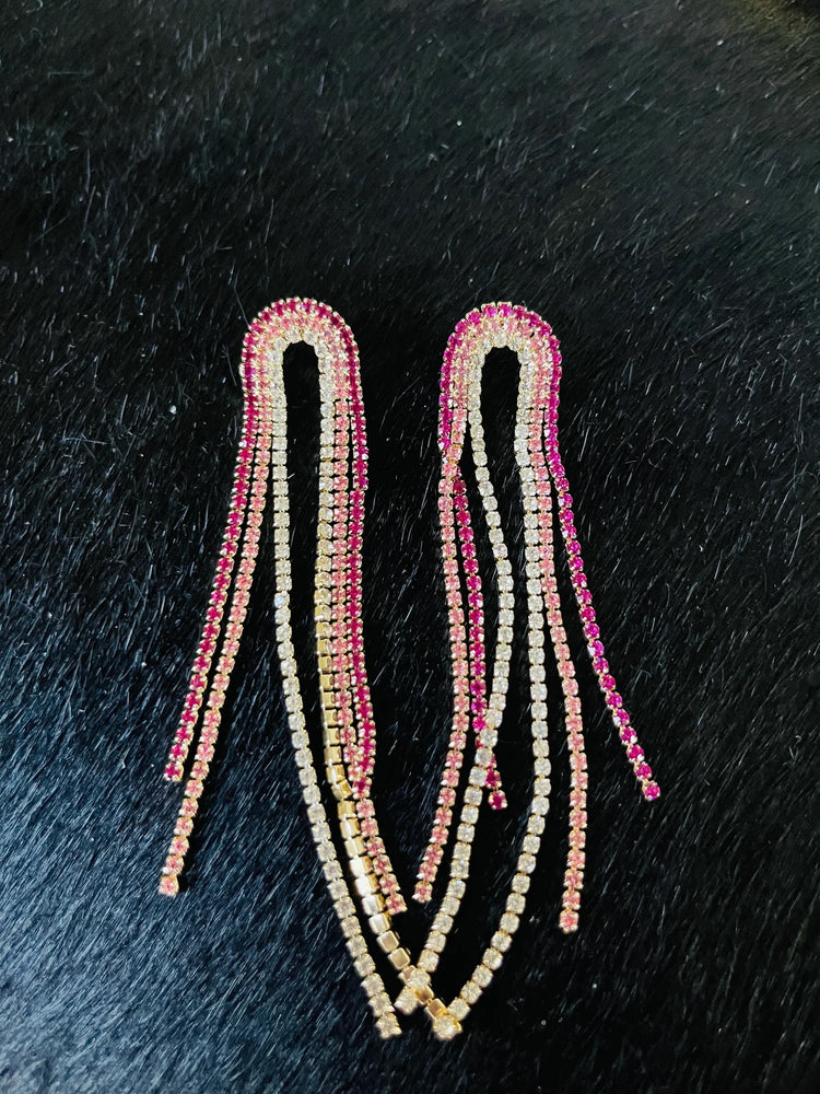 Rhinestone Waterfall Tassel Pink Earrings