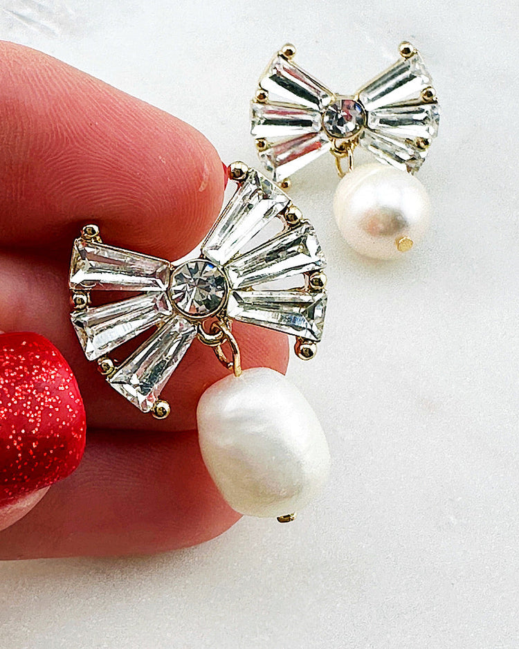 Pave Bow & Pearl Dangle Earrings