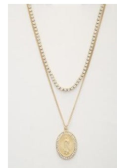 Virgin Mary Religious Rhinestone Layered Gold Necklace