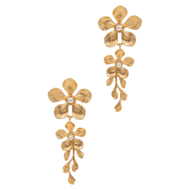 Pearl Accented Metal Flower Leaf Earrings