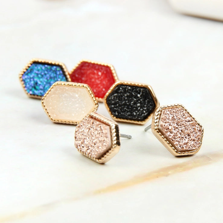 Hexagon Druzy Stone Stud Earrings