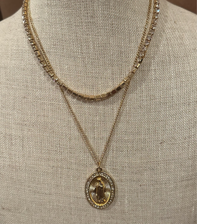 Virgin Mary Religious Rhinestone Layered Gold Necklace
