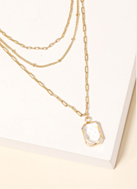 Layered Chain Link Rectangle Crystal Charm Necklace