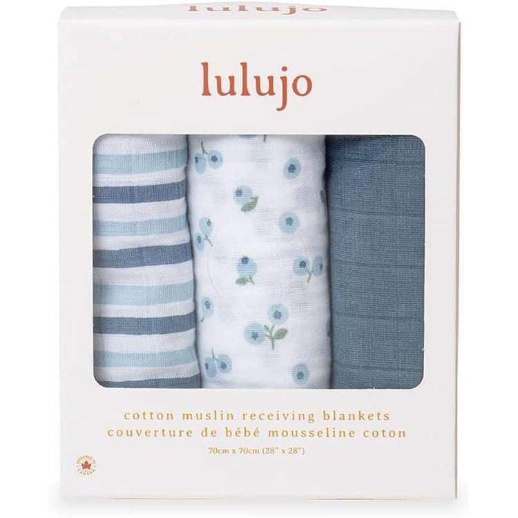 "Lulujo" Brand - 3Pk Blueberries Muslin Receiving Blankets