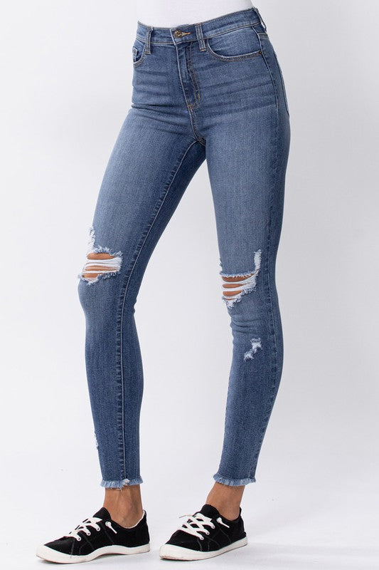 "Sneak Peek" High Rise Skinny Jeans with Distressing