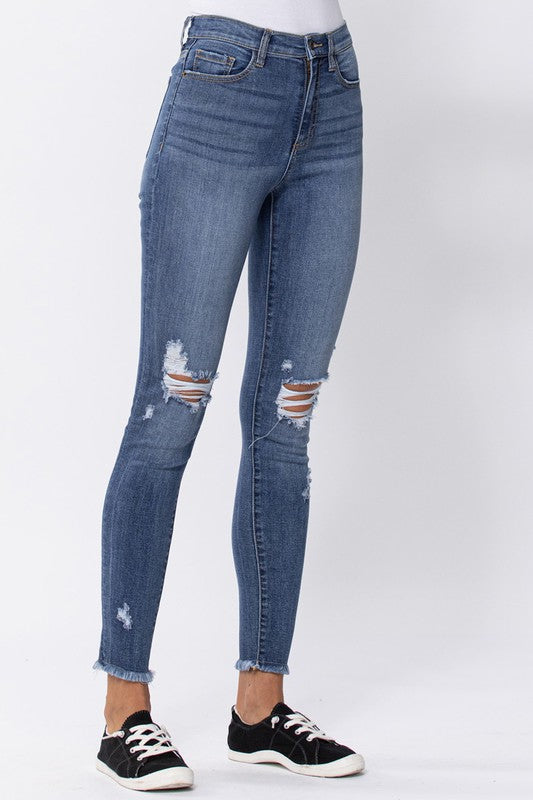 "Sneak Peek" High Rise Skinny Jeans with Distressing