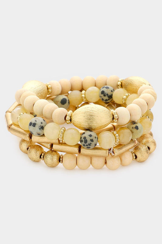 Natural Stone Wood Beaded Stretch Bracelets in Beige