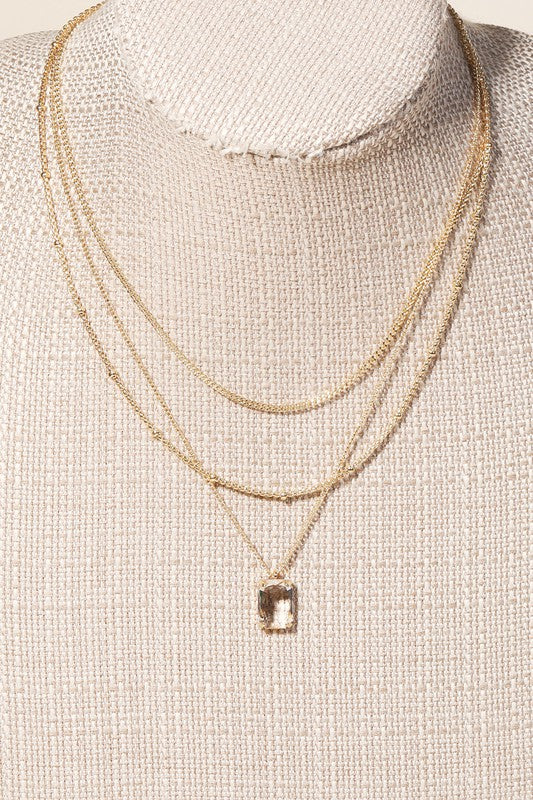 Layered Chain Link Rectangle Crystal Charm Necklace