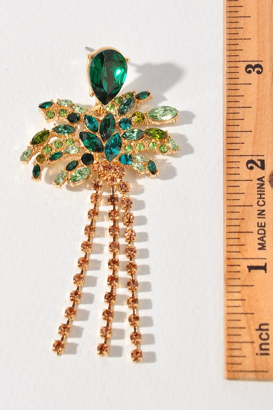 Pave Palm Tree Crystal Rhinestone Fringe Earrings