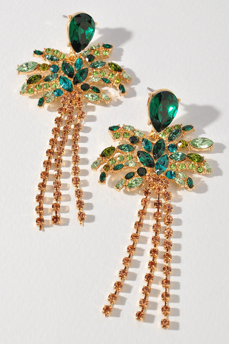 Pave Palm Tree Crystal Rhinestone Fringe Earrings