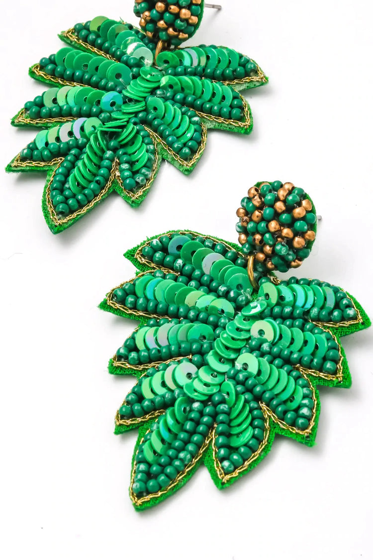Take Me to the Beach Green Palm Leaf Bead Earrings