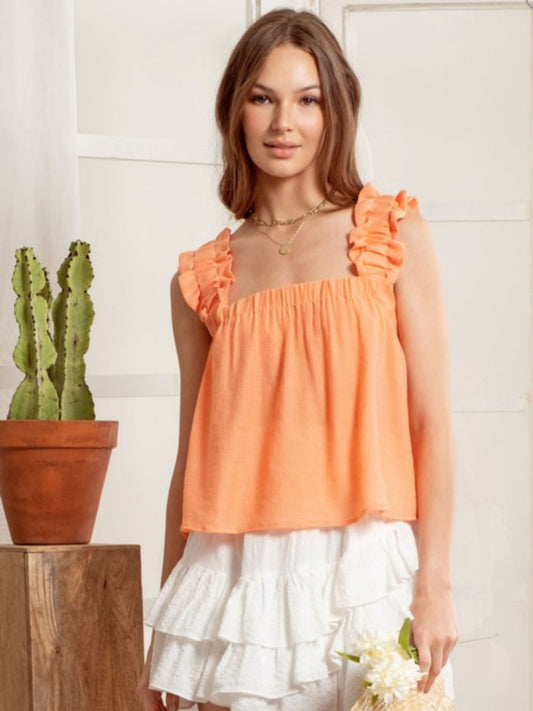 Ruffle Me Away Top in Light Coral