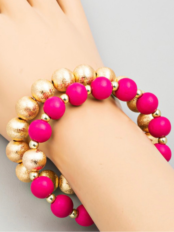 Pink & Gold Satin Wood Bracelet Stack