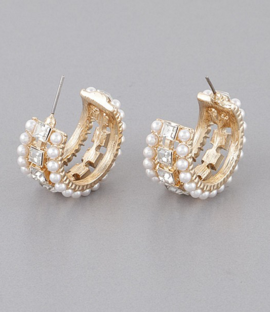 Pearl Rhinestone Open Hoop Earrings