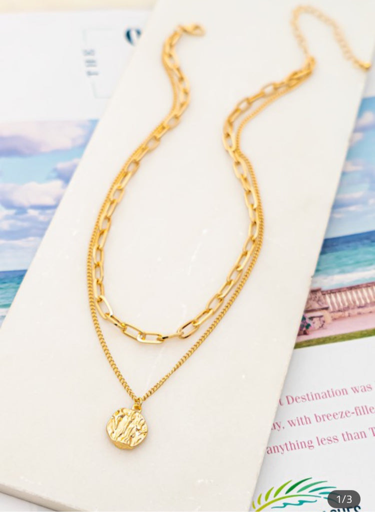 Double Chain Layered Gold Charm Necklace