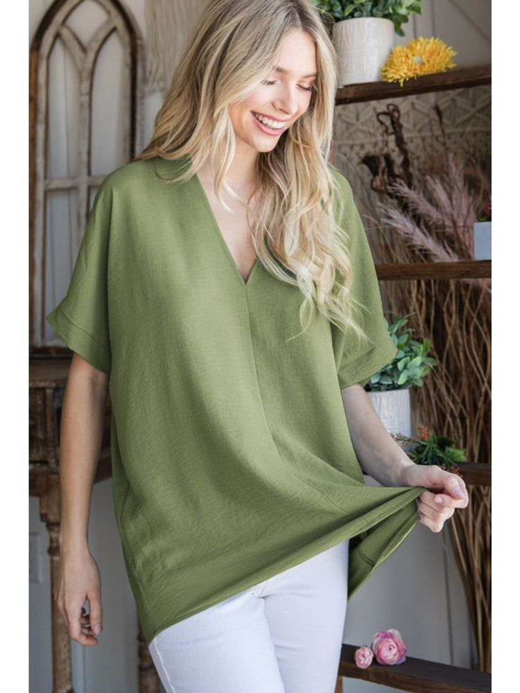 Olive V-Neck Short Sleeve Blouse