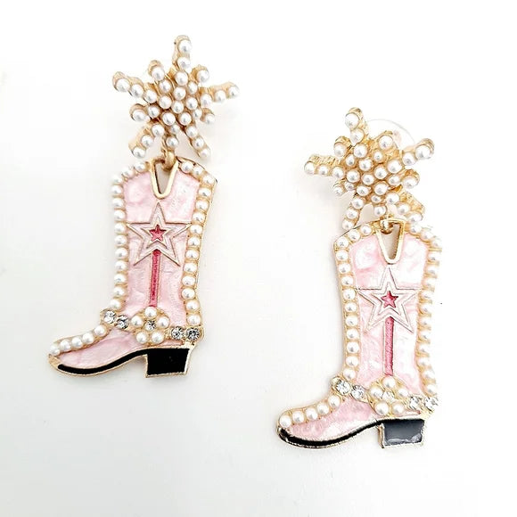 Western Pink & Gold Pearl Cowboy Boot Earrings